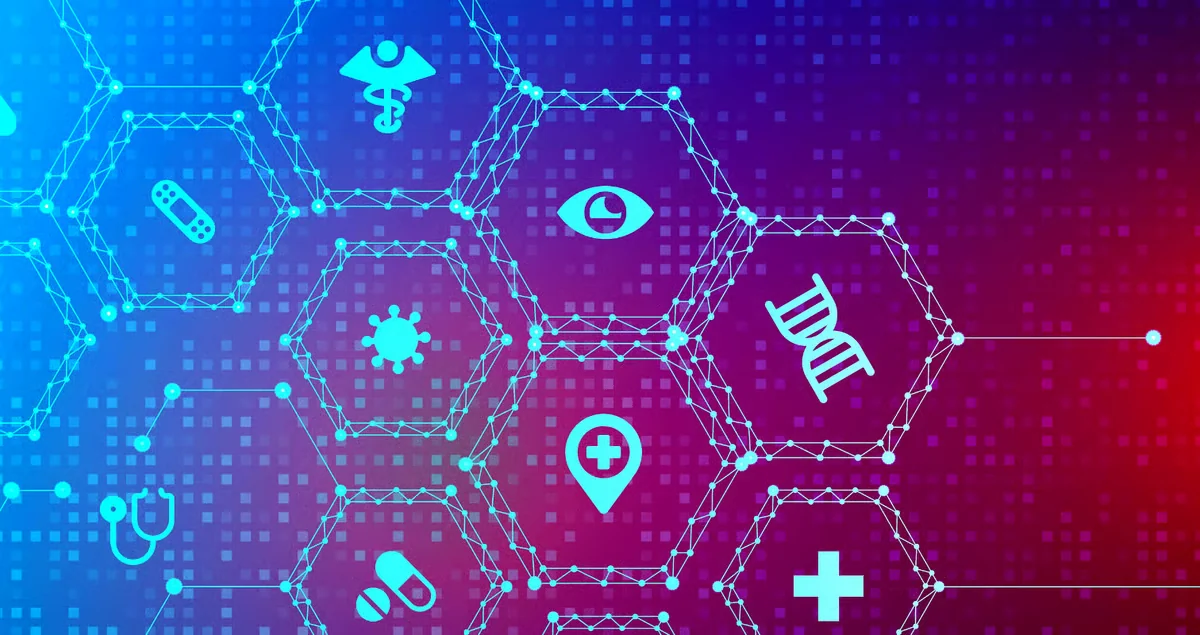 Digital health and artificial intelligence symbols connected across a medical interface
