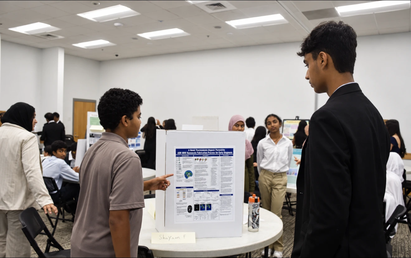 A student explaining a research poster to a visitor at the FutureVitals Research Academy symposium