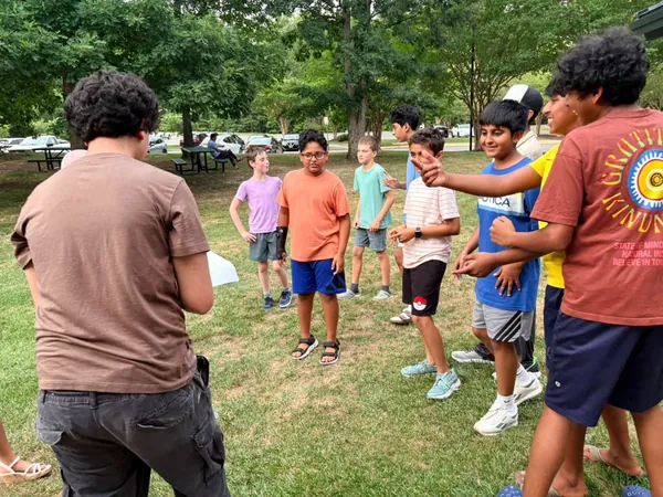 Students gathered outdoors for a group activity