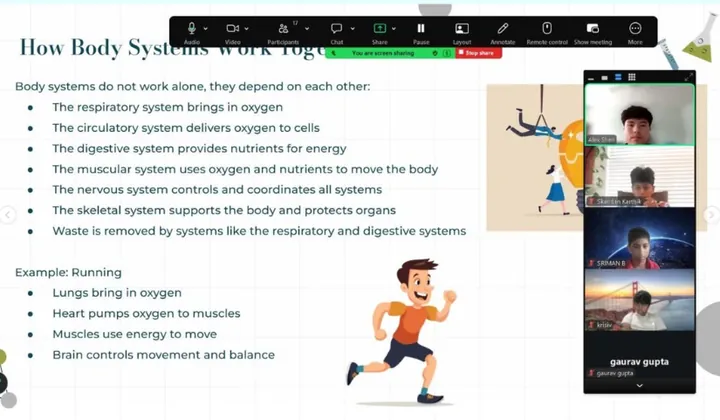 Slide on how body systems work together, shared on Zoom