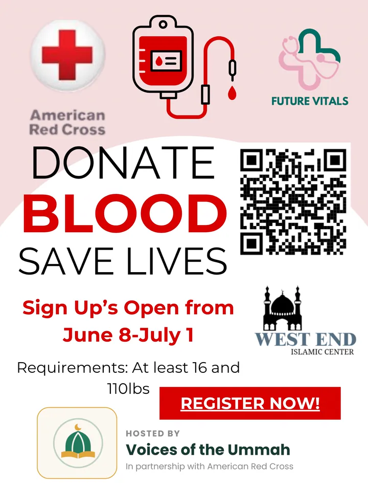 Donate Blood, Save Lives flyer from the American Red Cross, FutureVitals and Voices of the Ummah, with a sign-up QR code