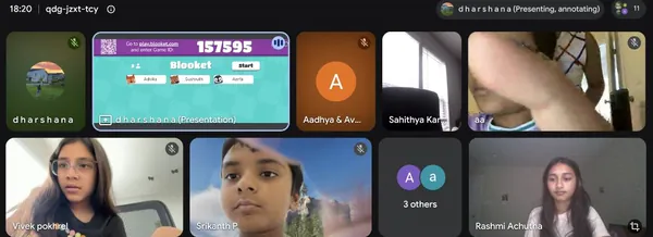 Campers on a video call during a Blooket game in a live session
