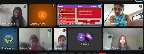 Campers on a video call playing a Blooket review game during a live session
