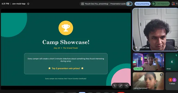 Camp Showcase slide presented to campers on a video call