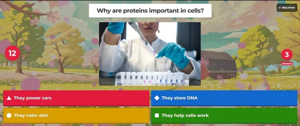 Kahoot question asking why proteins are important in cells, shown during a live camp session