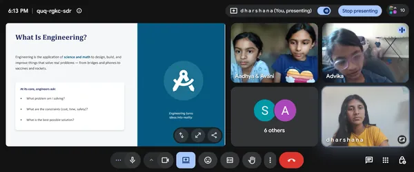 What Is Engineering slide presented to campers on a video call