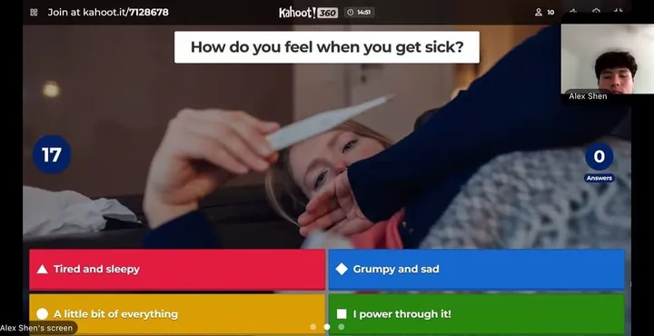 Students answer a live Kahoot question, How do you feel when you get sick