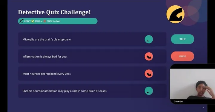 Detective quiz slide with true or false questions on microglia and inflammation