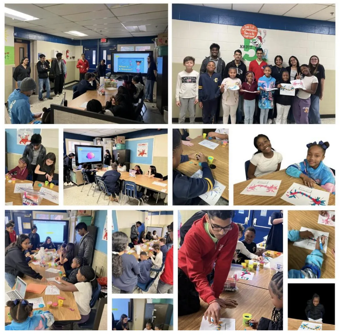 Collage of Rise RVA workshop moments: students building neuron models, group photos and classroom sessions