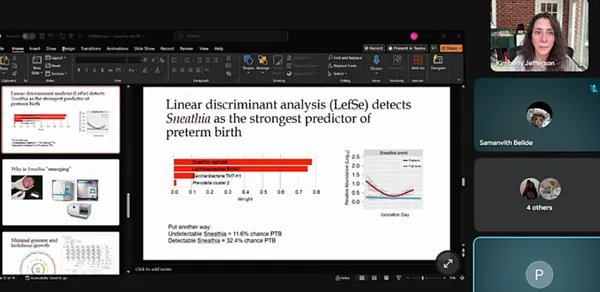 A research slide on preterm birth shared on screen during a virtual session