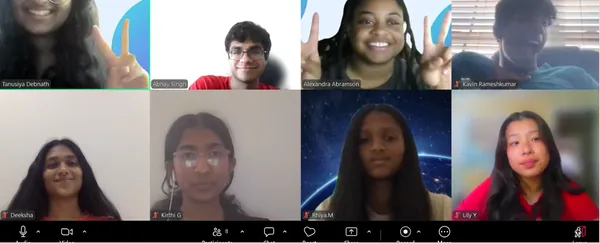 Students and volunteers smiling together on a video call